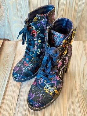 Diba Embroidered Black and Red Ankle Combat Style Boots with Chunky Heel